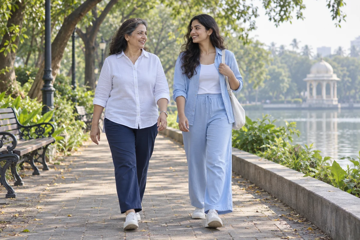 Illustrative mother and daughter enjoying a walk